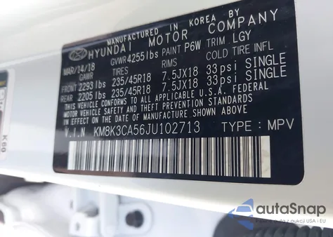 2018 Hyundai Kona Limited z USA, uszkodzony, nr VIN KM8K3CA56JU102713